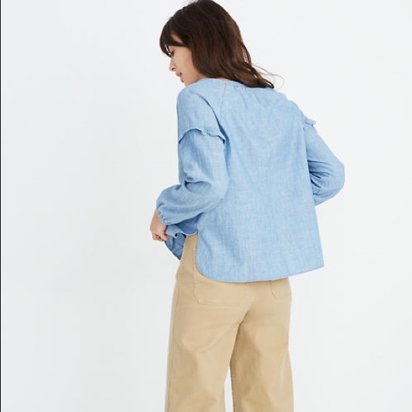 MADEWELL Denim Collarless Ruffle Shirt NWT Small - Picture 3 of 6